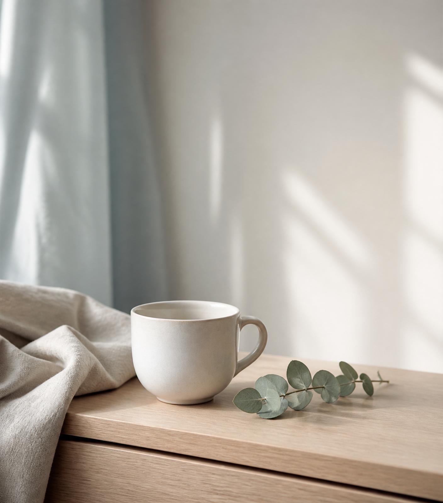 Taza de cerámica blanca sobre madera clara con luz natural